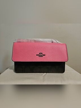 Coach Pink Flap Signature Brown Canvas Wristlet